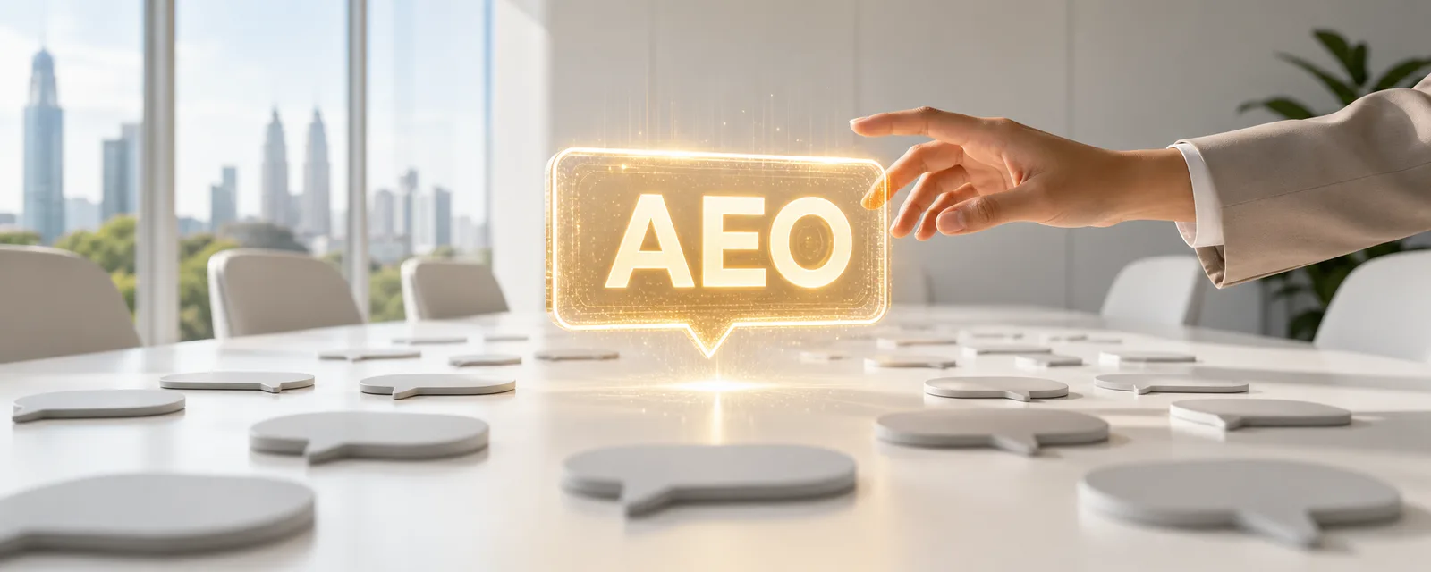 Answer Engine Optimization Malaysia: the chosen AEO answer glowing above a table of grey question bubbles, KL skyline behind
