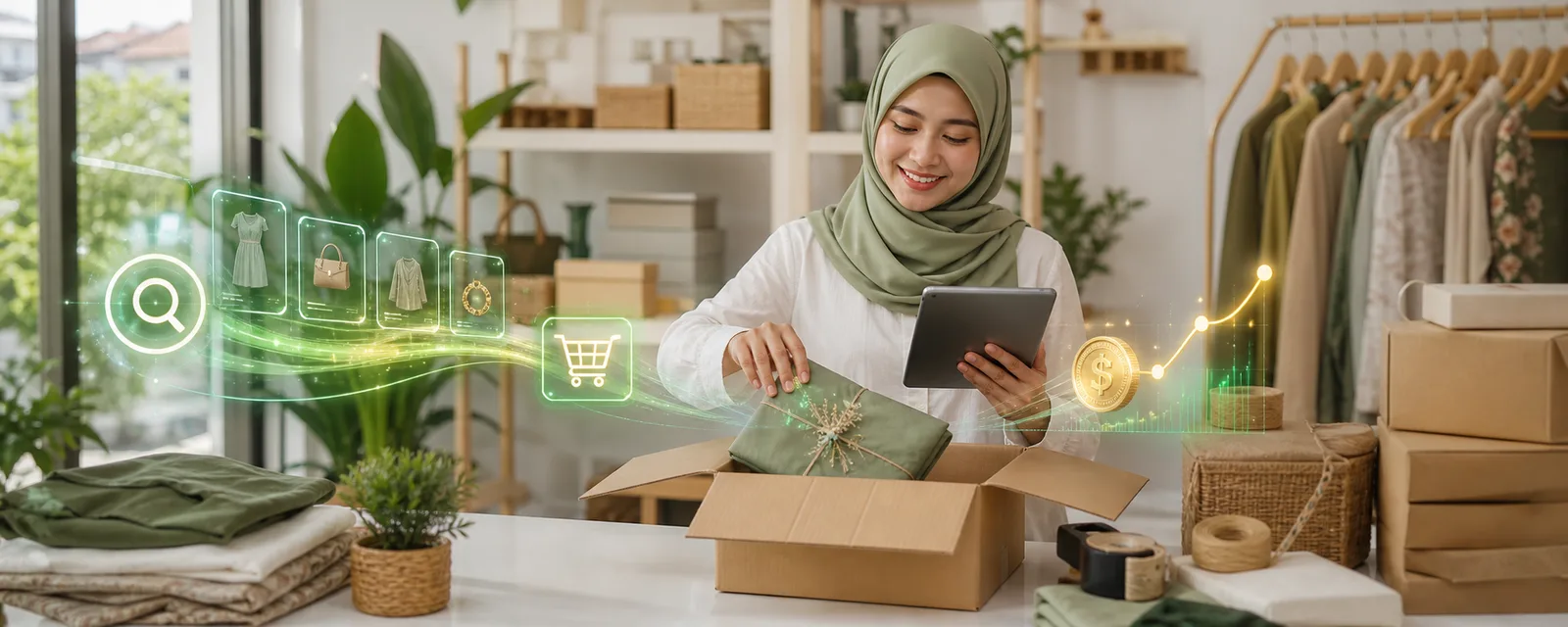 Ecommerce SEO Malaysia: store owner packing an order as the search-to-sale journey flows from Google search to product pages, cart and revenue