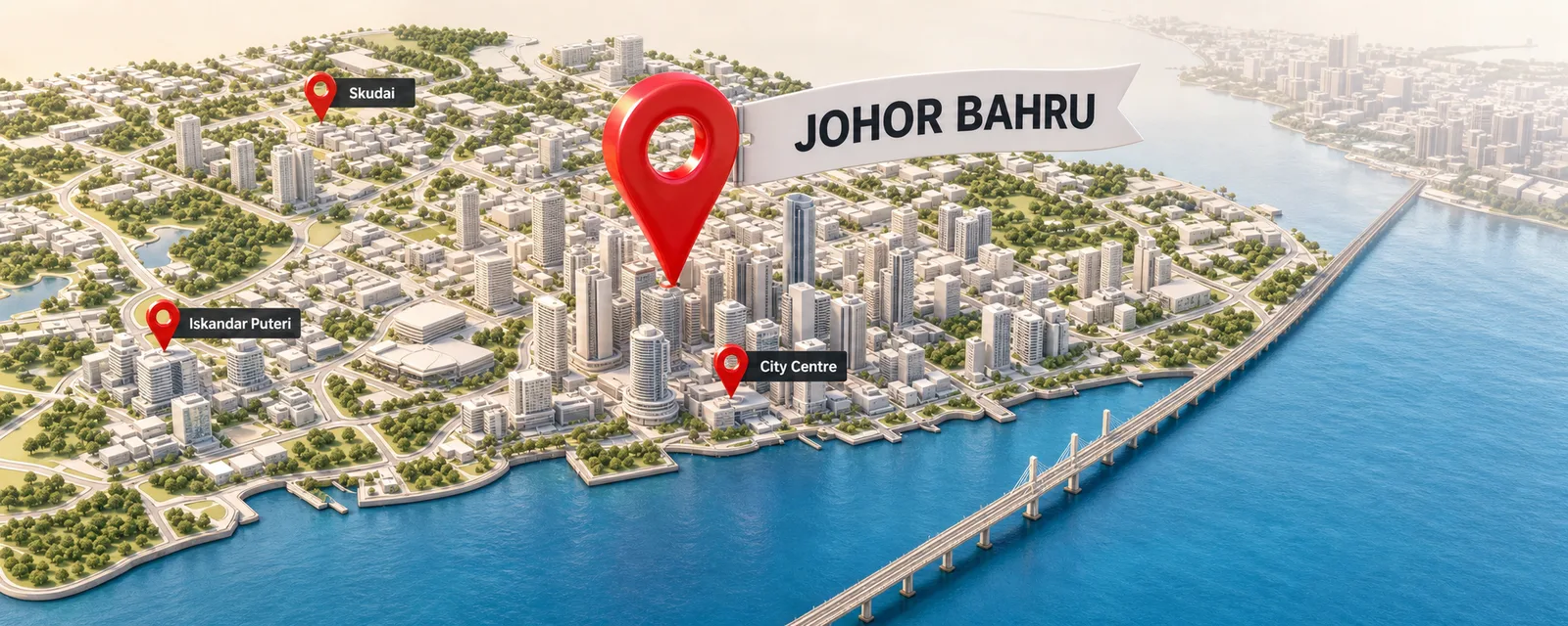 SEO Johor Bahru Malaysia: 3D map of Johor Bahru with location pin