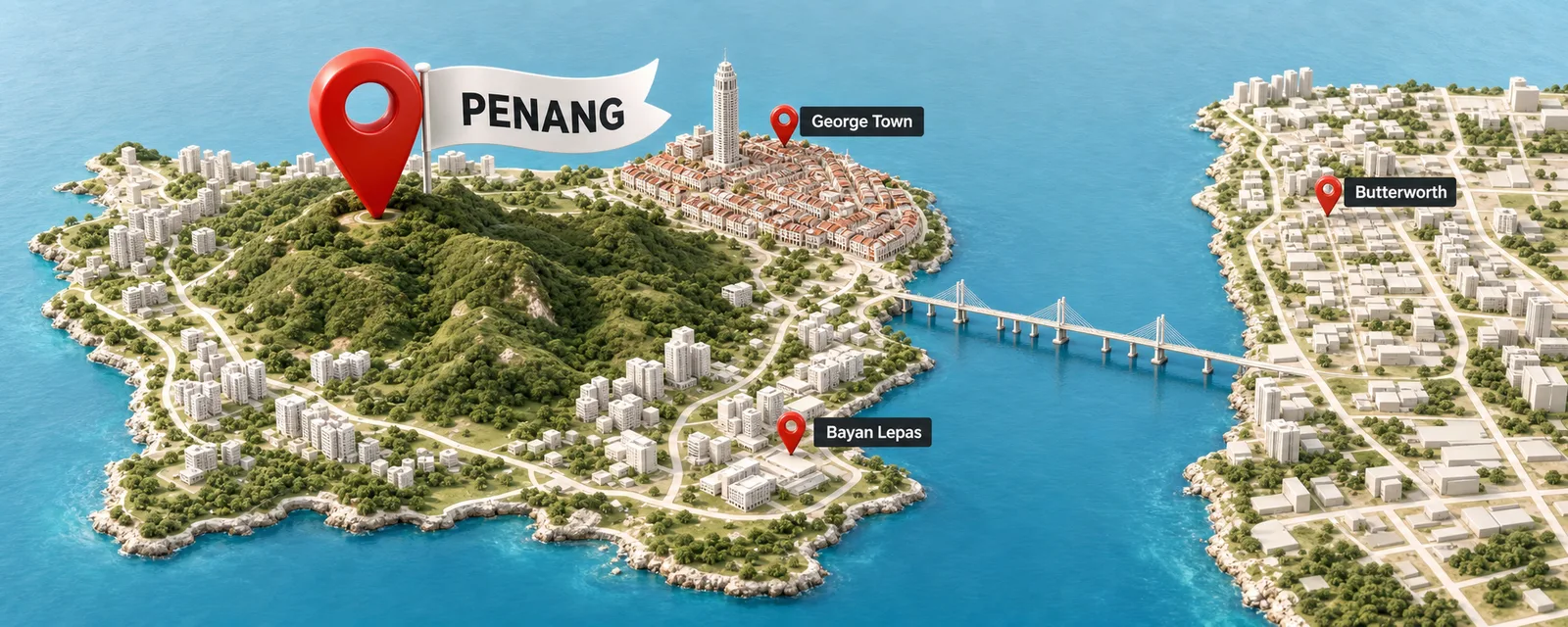 SEO Penang Malaysia: 3D map of Penang with location pin